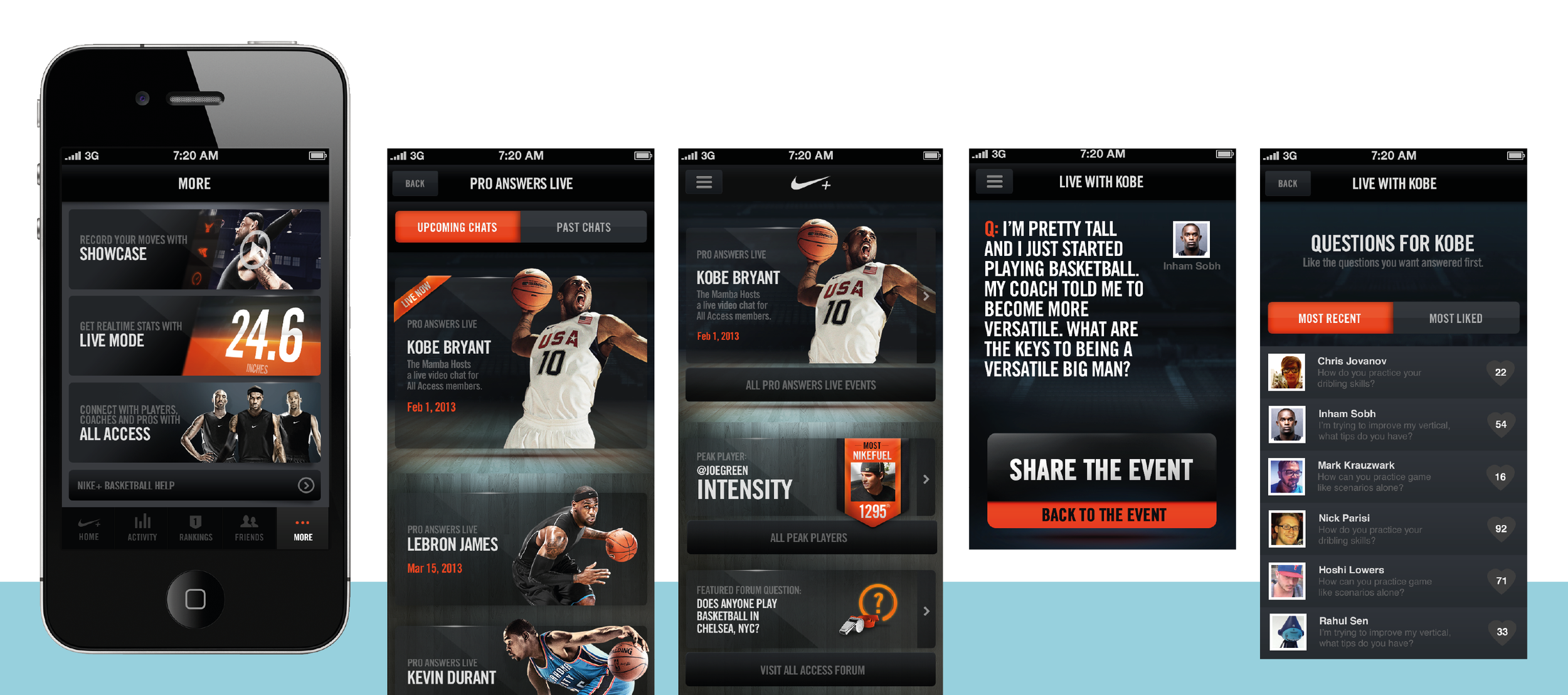 Nike+ Basketball All Access mobile screens for athlete events and questions.