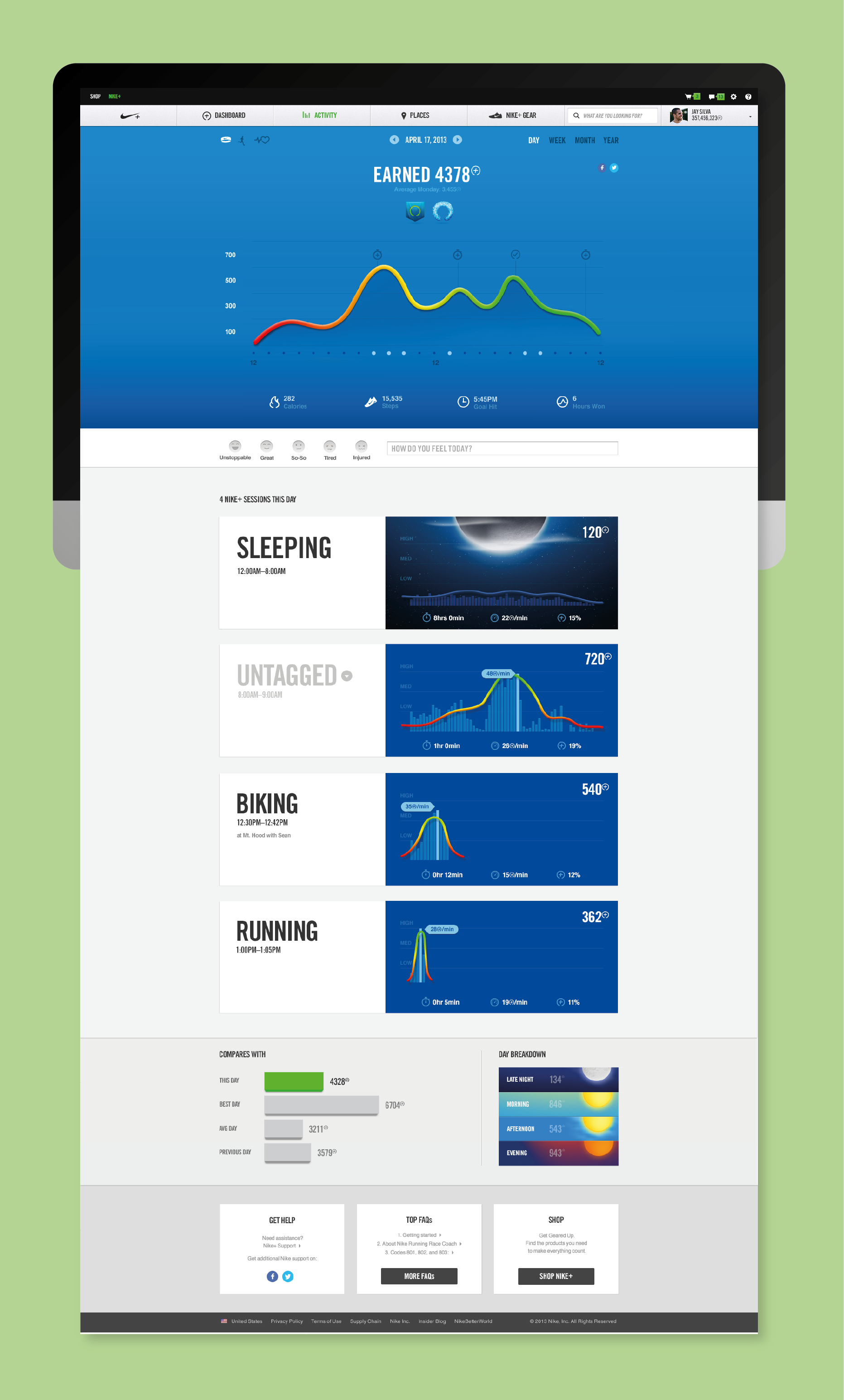 Nike+ daily activity dashboard with movement graph and session details.