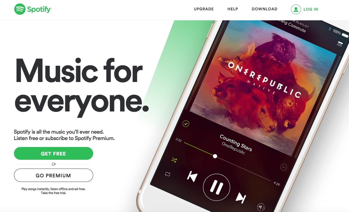 Spotify’s Music for everyone landing page with Get Free and Go Premium options beside a phone playing OneRepublic.