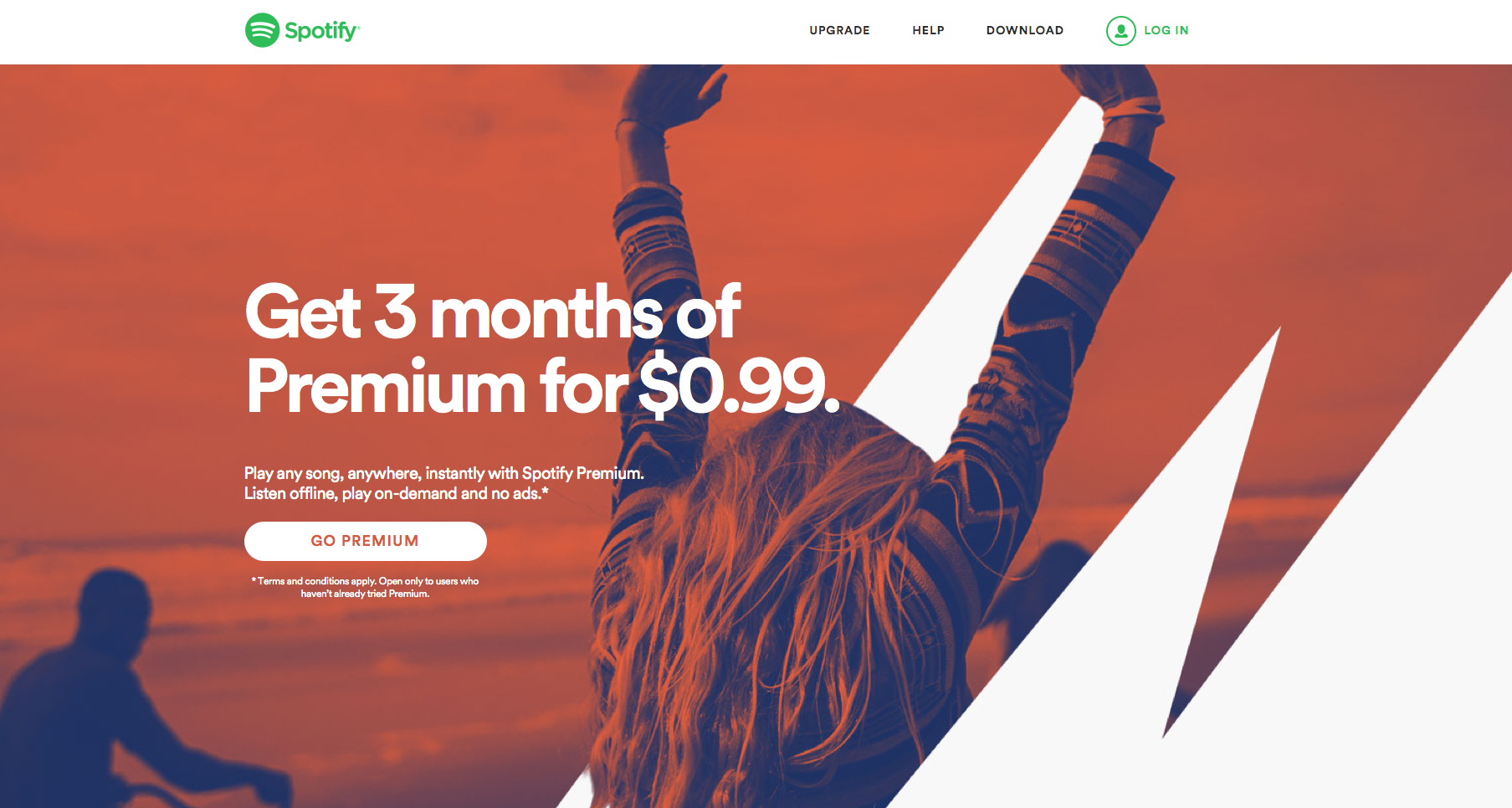Spotify Premium campaign landing page with an orange concert image and a three-month introductory offer.