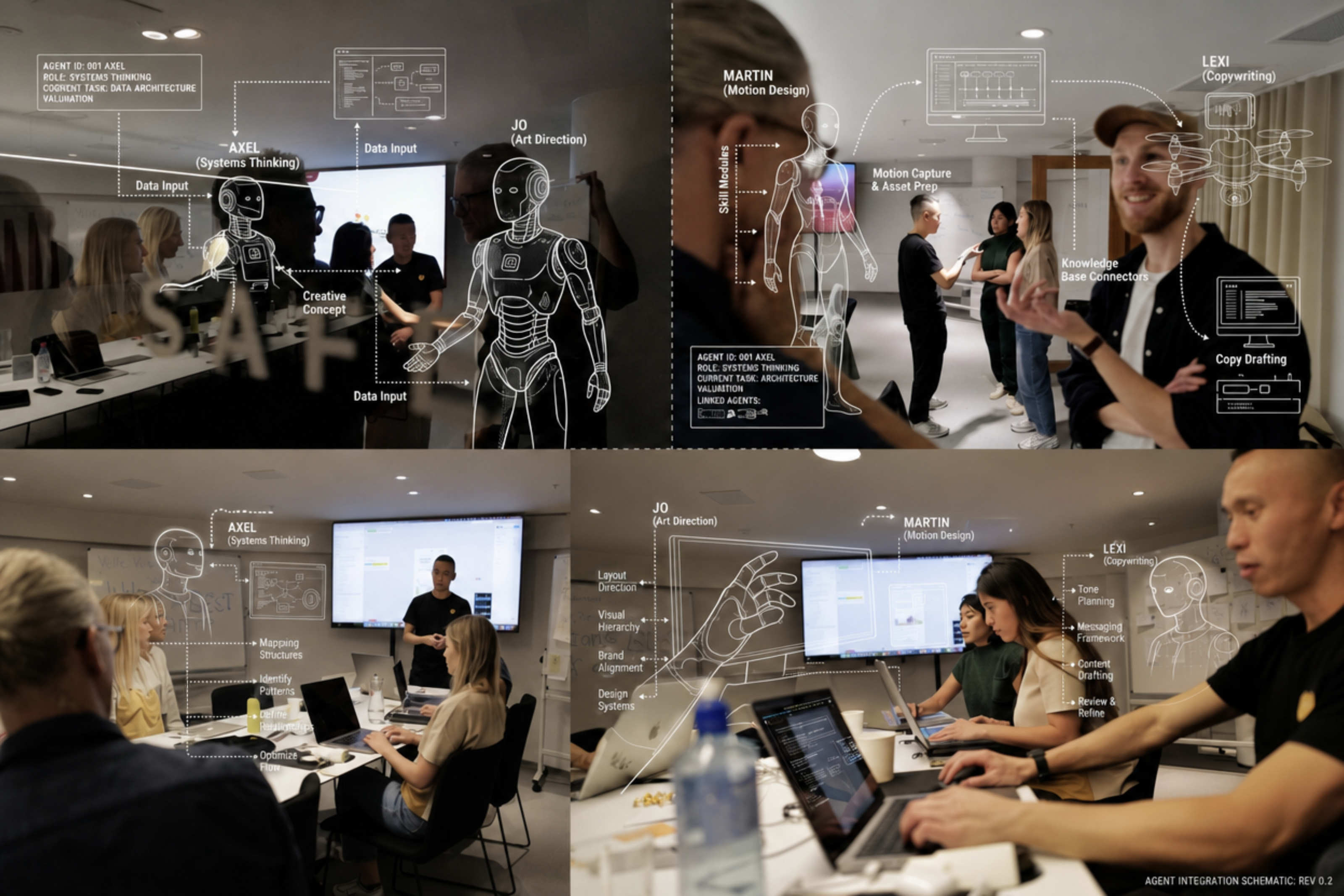 Four-panel workshop collage with illustrated agent roles and connections overlaid on photographs of people collaborating.