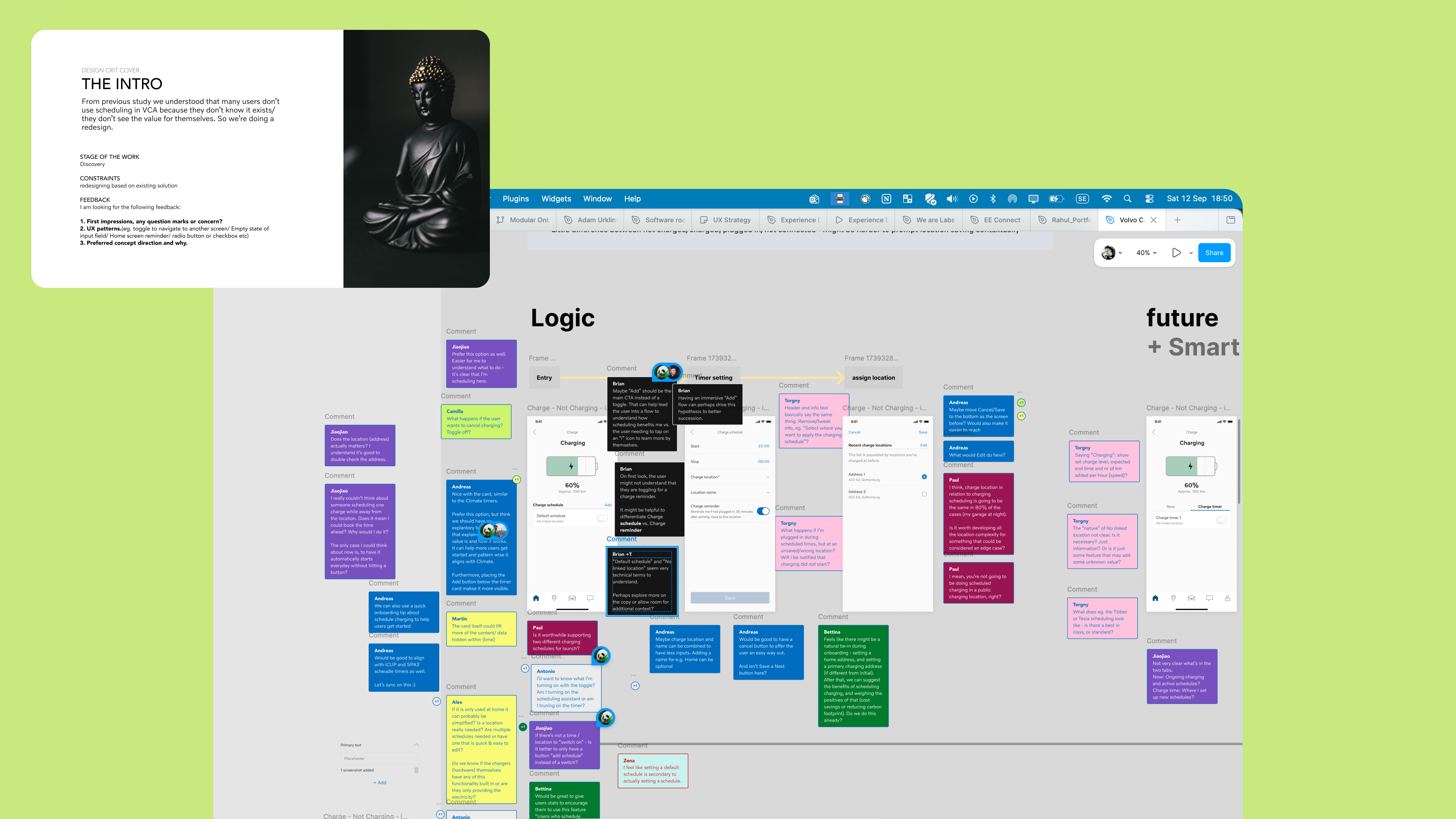 Design critique introduction and a collaborative review board showing Volvo Cars app charging flows with team feedback.