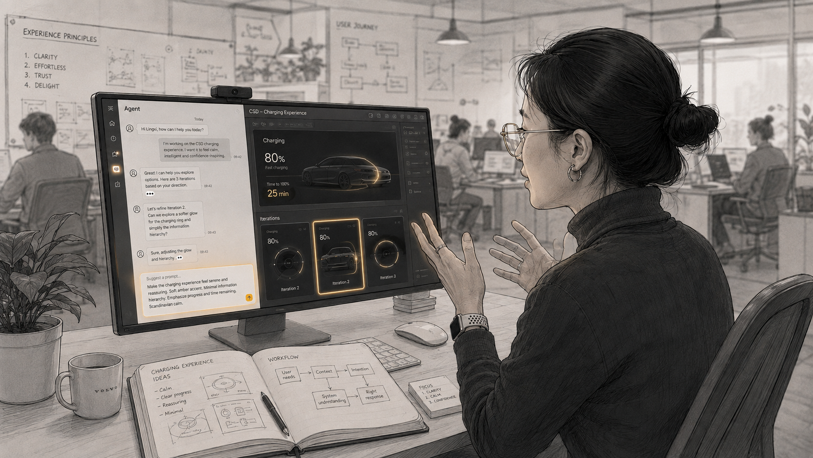 Illustration of a designer collaborating with an AI agent on charging experience concepts in a shared design studio.