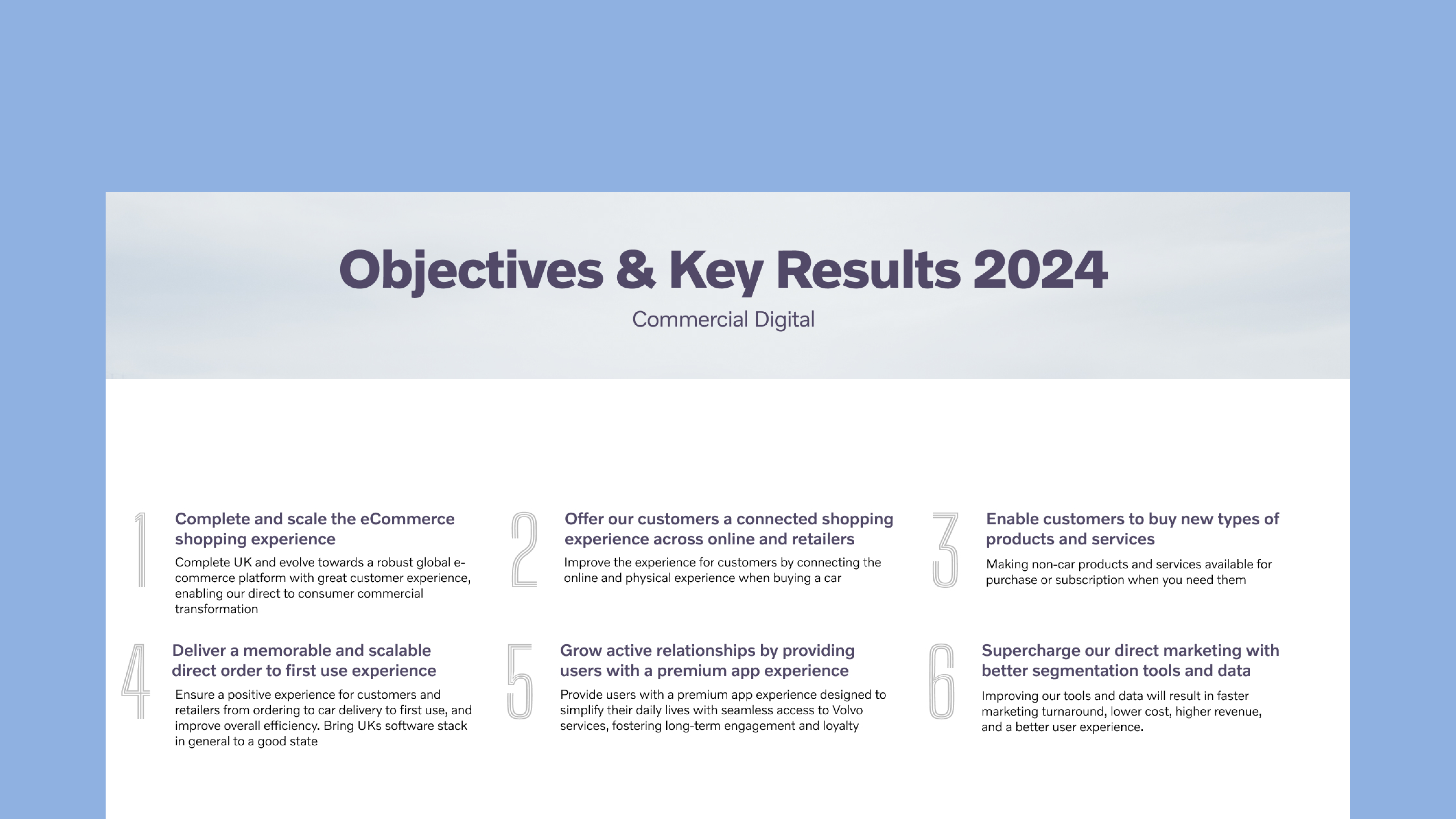 Volvo Commercial Digital objectives and key results for 2024, outlining six customer experience and business priorities.