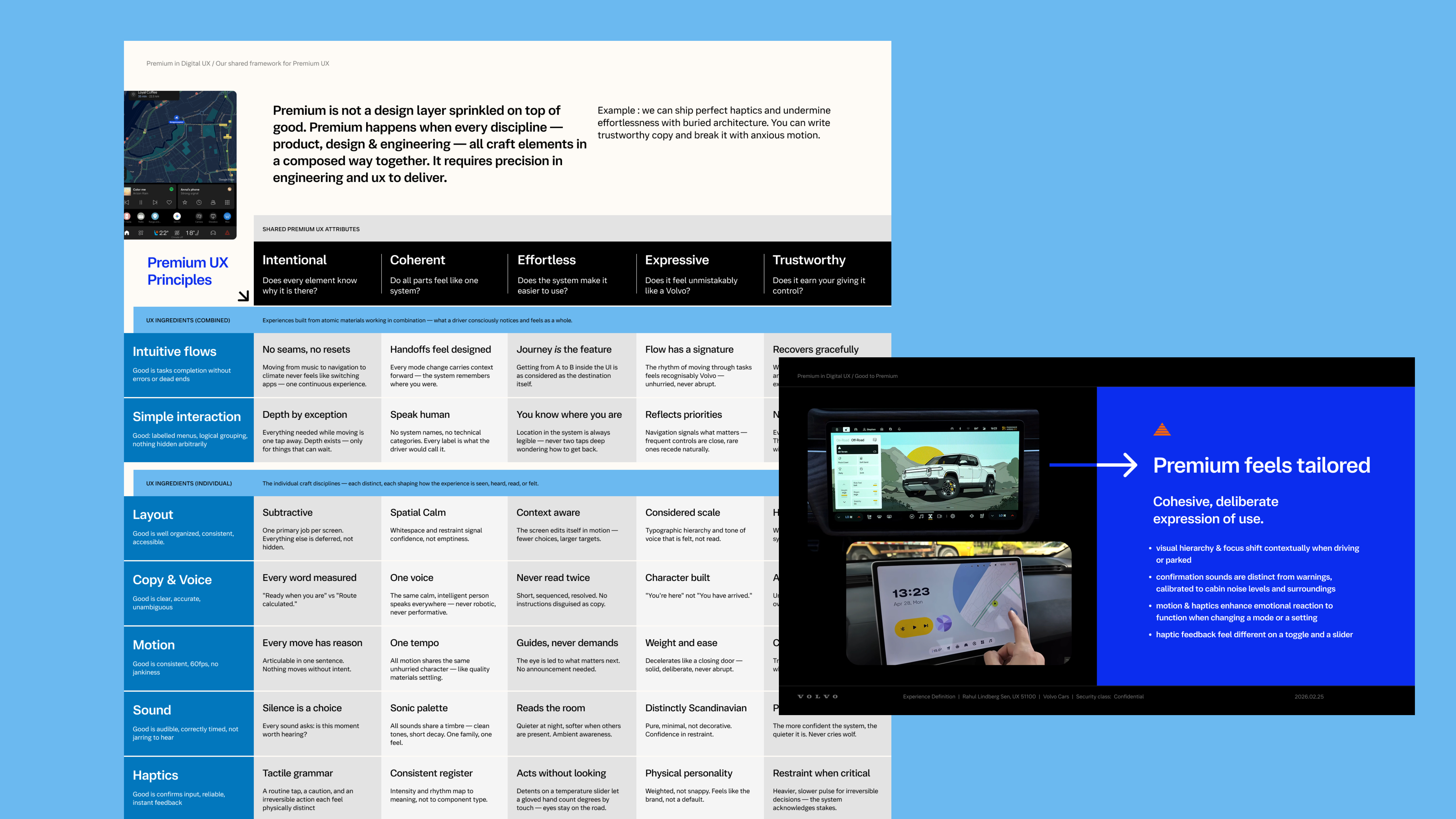 Premium UX principles framework with attributes, craft guidance and examples of tailored in-car experiences.