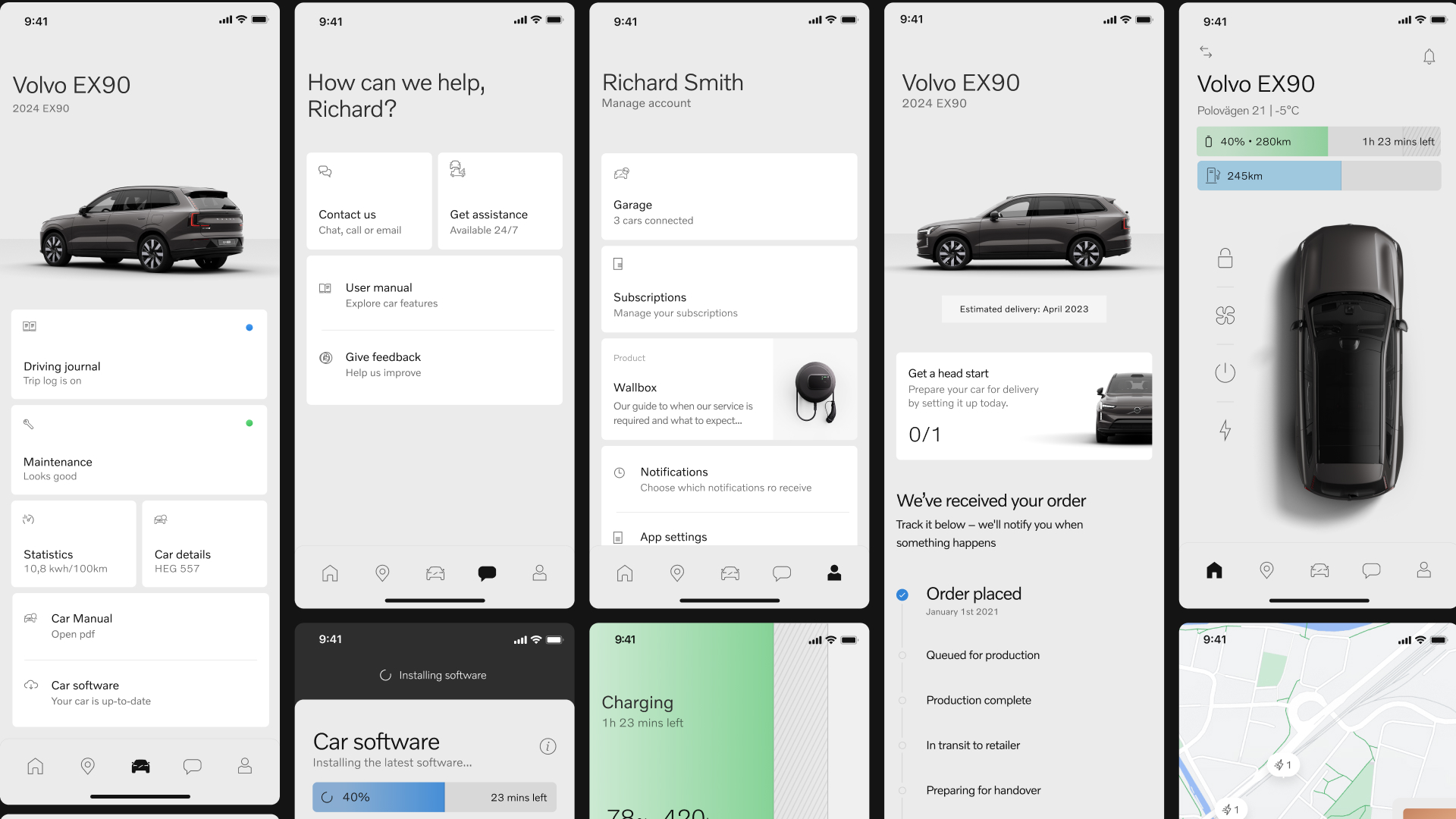 Volvo Cars app facelift showing vehicle controls, customer support, account management, delivery tracking and charging screens.